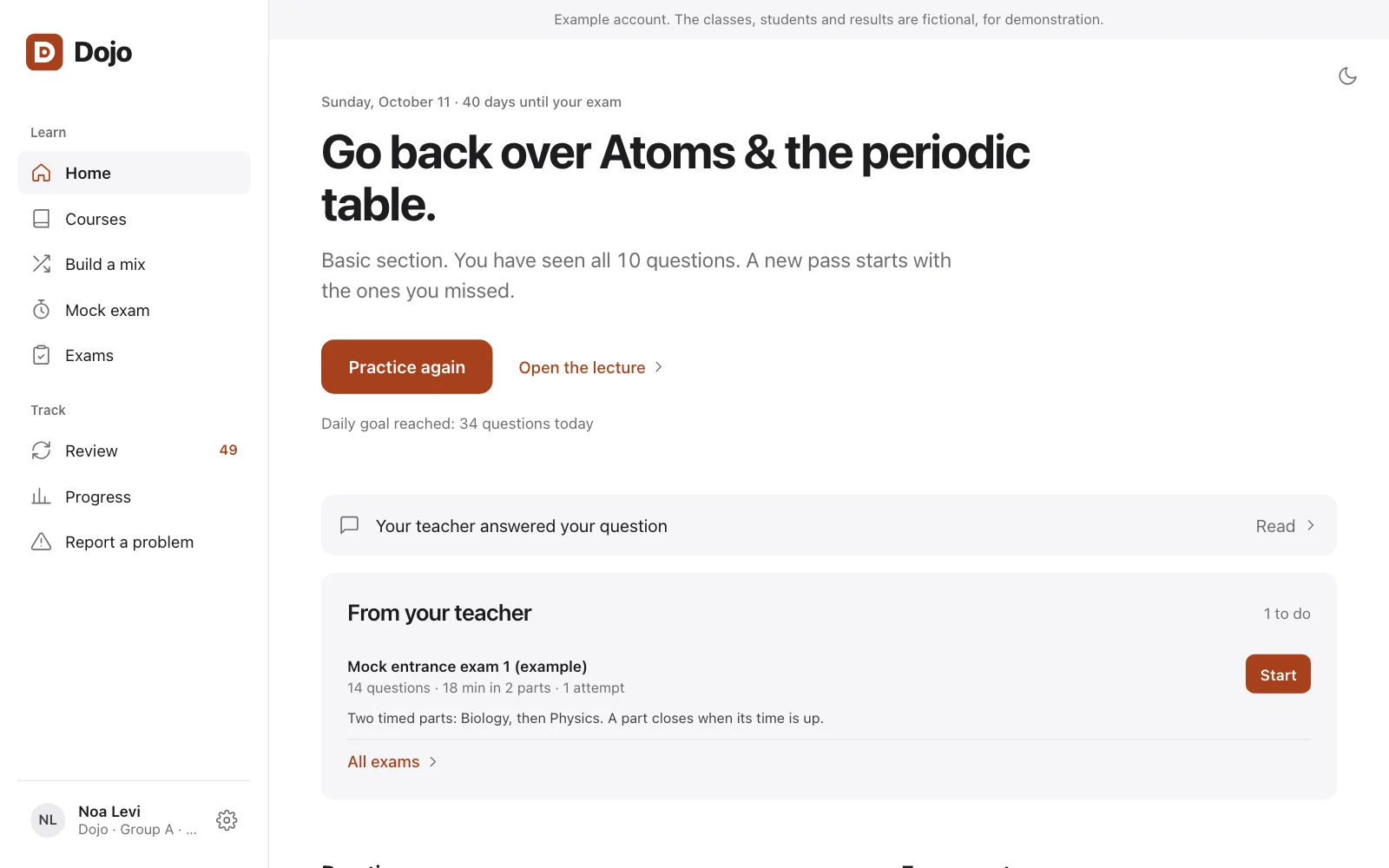 A student's home page in Dojo: the next chapter to go over, today's progress and the quizzes set by the teacher.